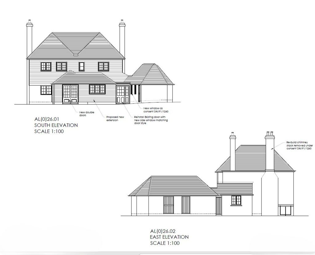 The windmill throwley forstal listed building south and east elevations as proposed